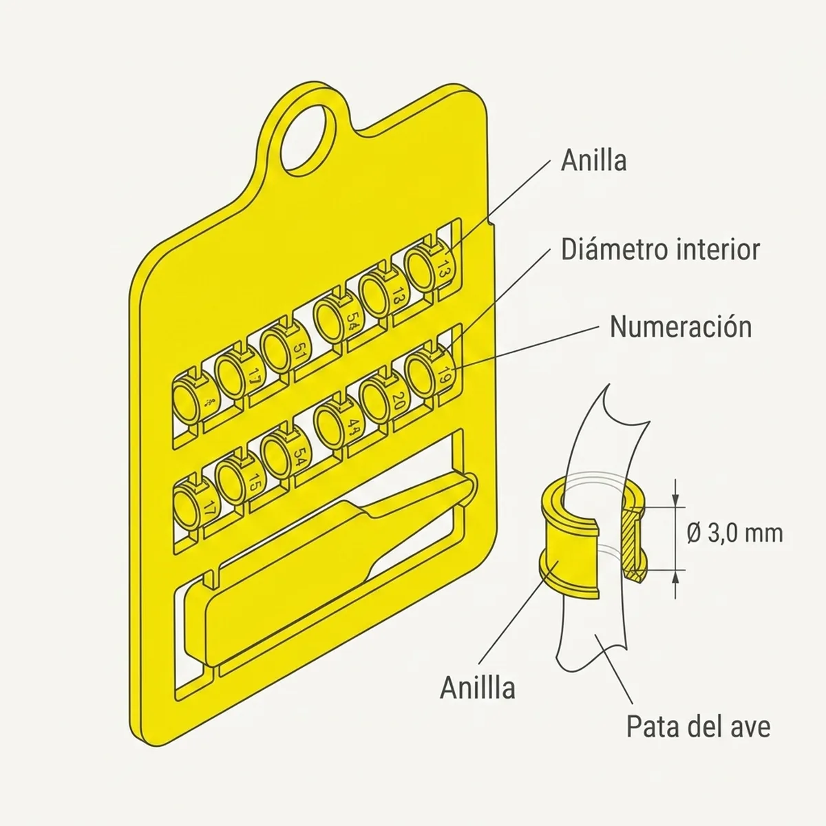 12 Anillas + calzado Ø3,0mm (Amarillo fluorescent) — piezas y montaje