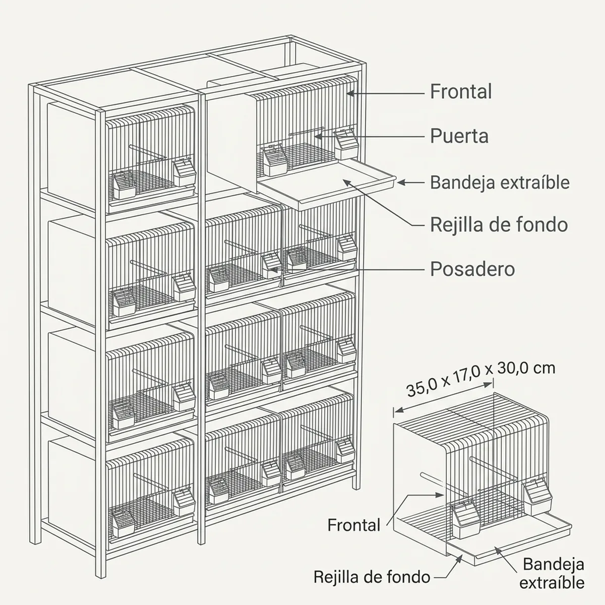 12 jaulas 35x17x30h  (3 columnas y 4 filas) — piezas y montaje