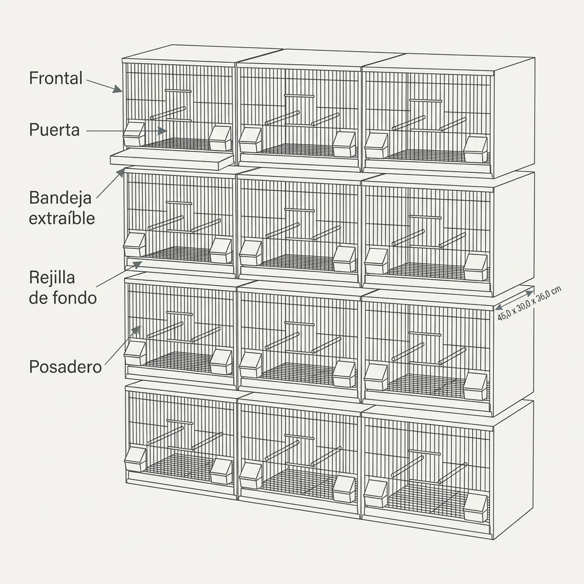 Esquema de una batería de 12 huecos de 45x30x36 cm en tres columnas y cuatro filas