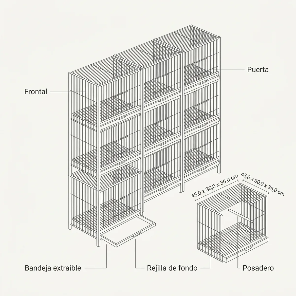 12 jaulas 45x30x36h  (3 columnas y 4 filas) Bandej