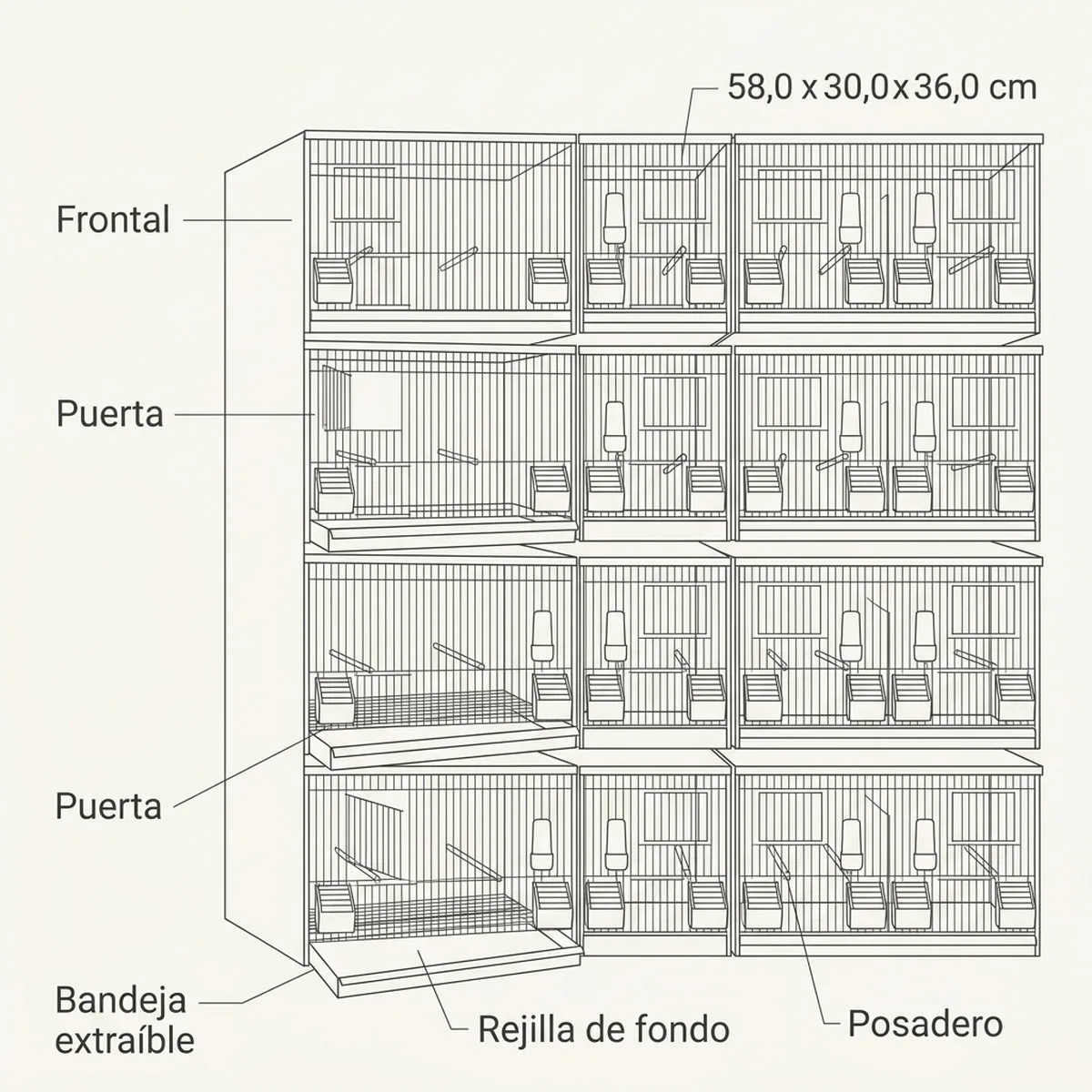 12 jaulas 58x30x36h  (3 columnas y 4 filas) — piezas y montaje