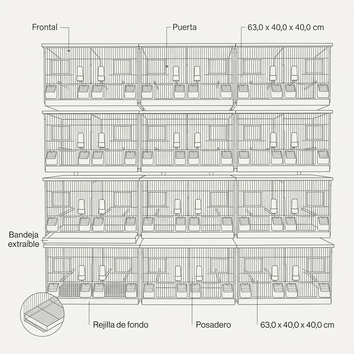 12 jaulas 63x40x40h  (3 columnas y 4 filas) — piezas y montaje