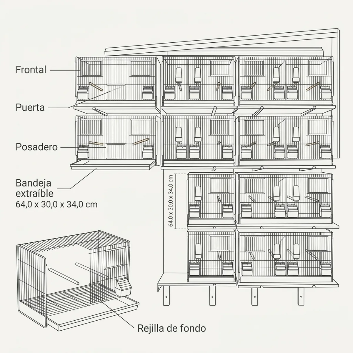 12 jaulas 64x30x34h  (3 columnas y 4 filas) — piezas y montaje