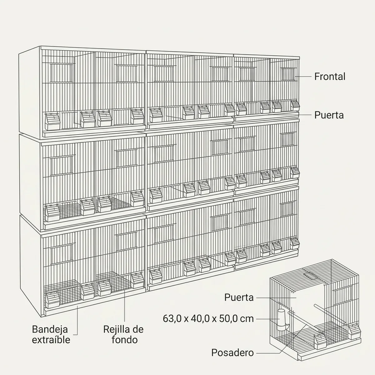 15 jaulas 63x40x50h (5 columnas y 3 filas) — piezas y montaje