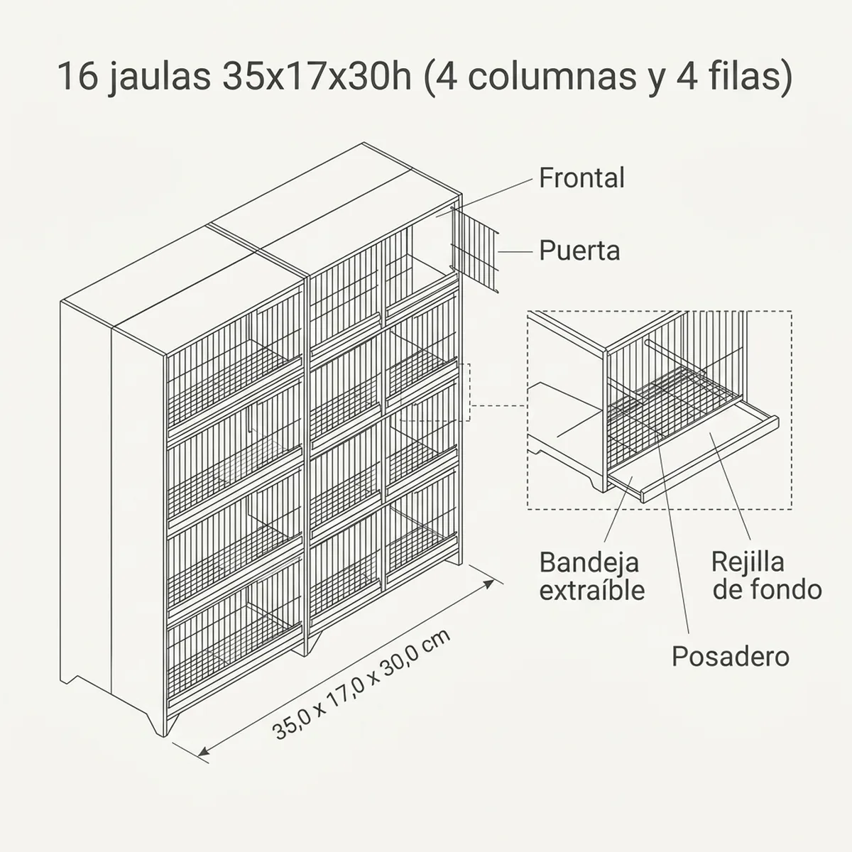 16 jaulas 35x17x30h (4 columnas y 4 filas)