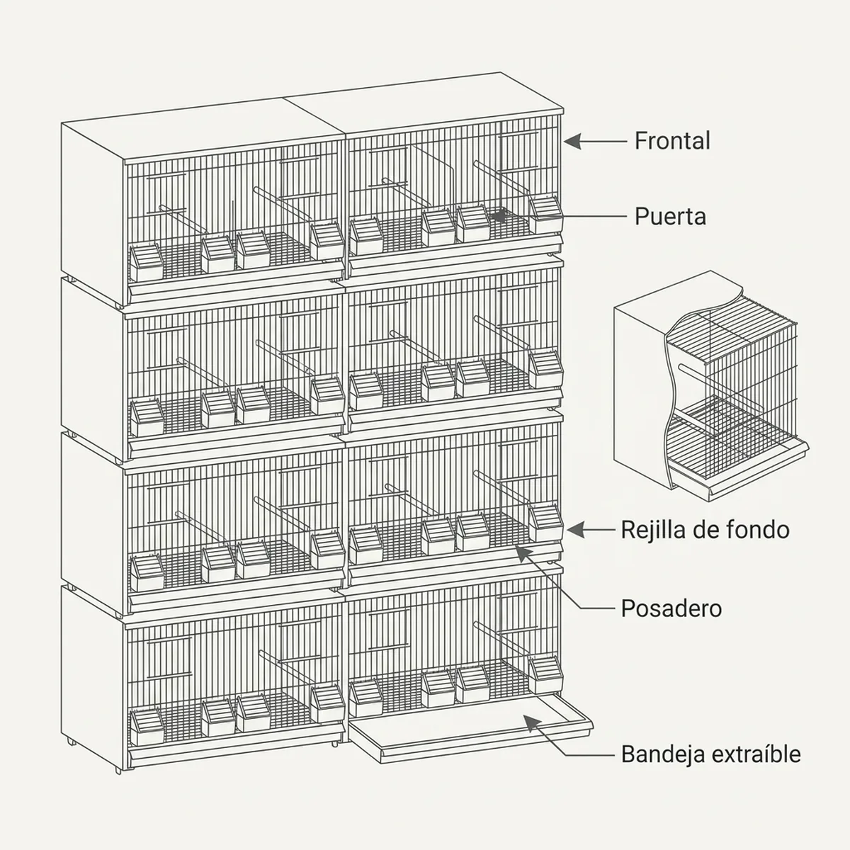 16 jaulas 58x30x36h  (4 columnas y 4 filas) — piezas y montaje