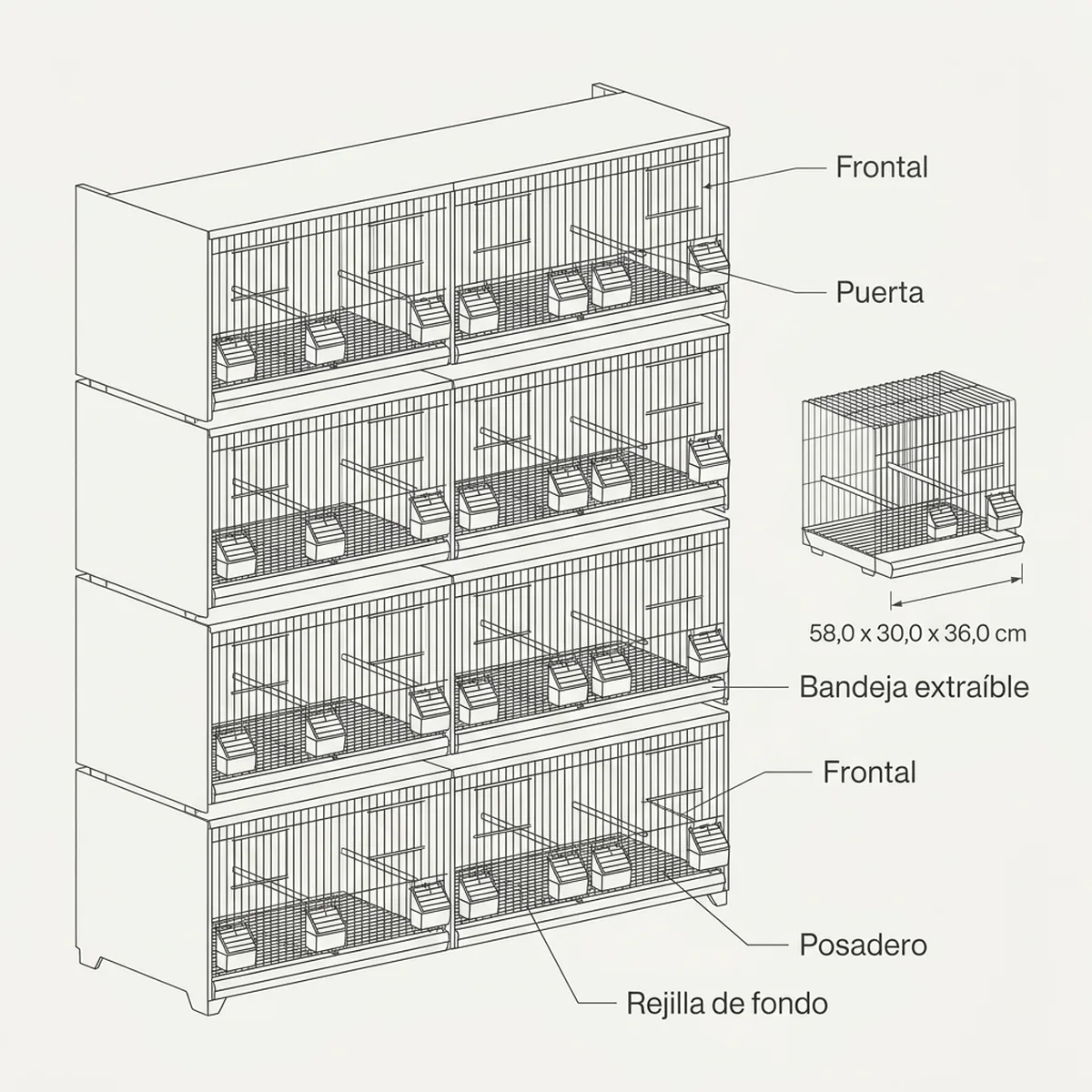 20 jaulas 58x30x36h  (5 columnas y 4 filas) — piezas y montaje