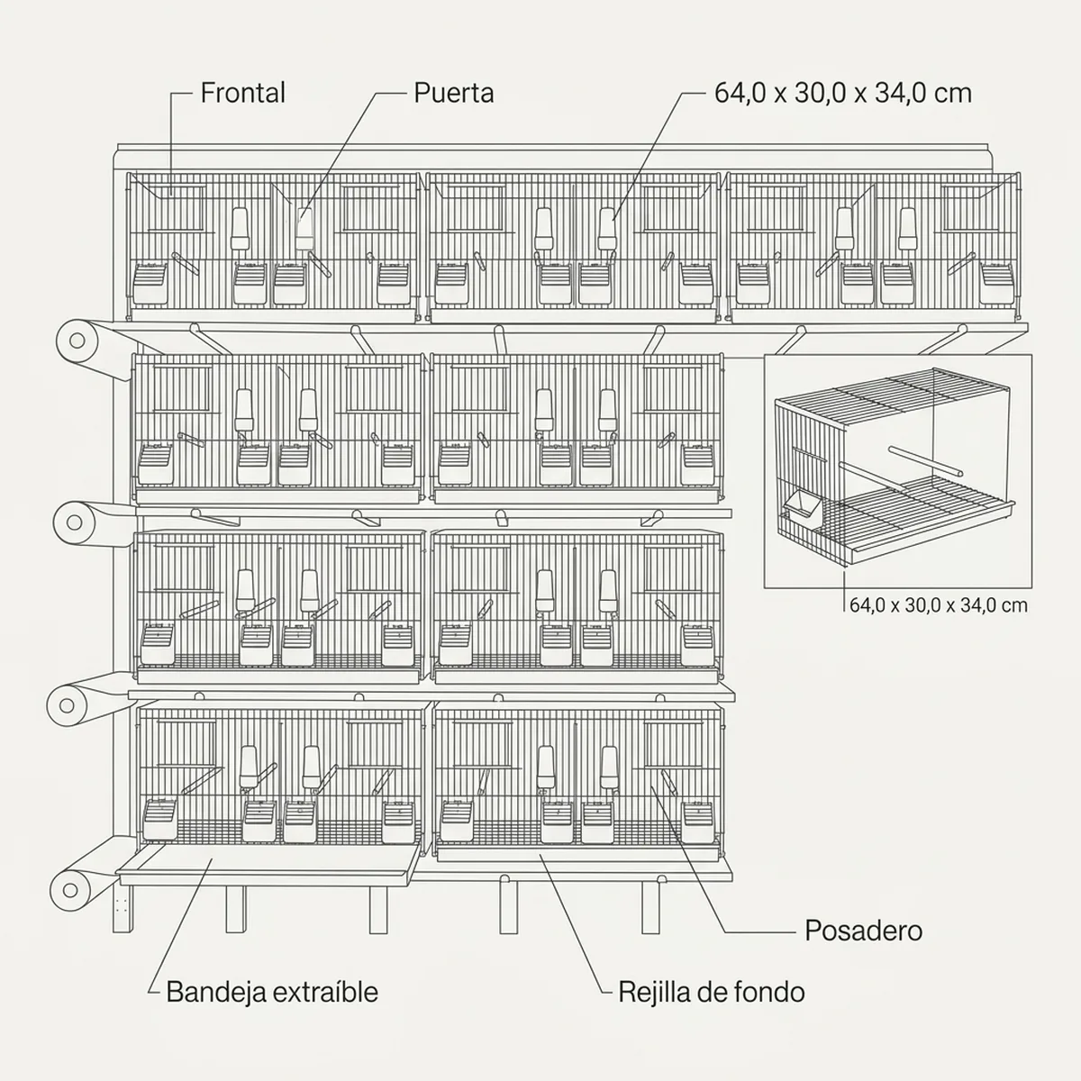 16 jaulas 64x30x34h  (4 columnas y 4 filas) — piezas y montaje