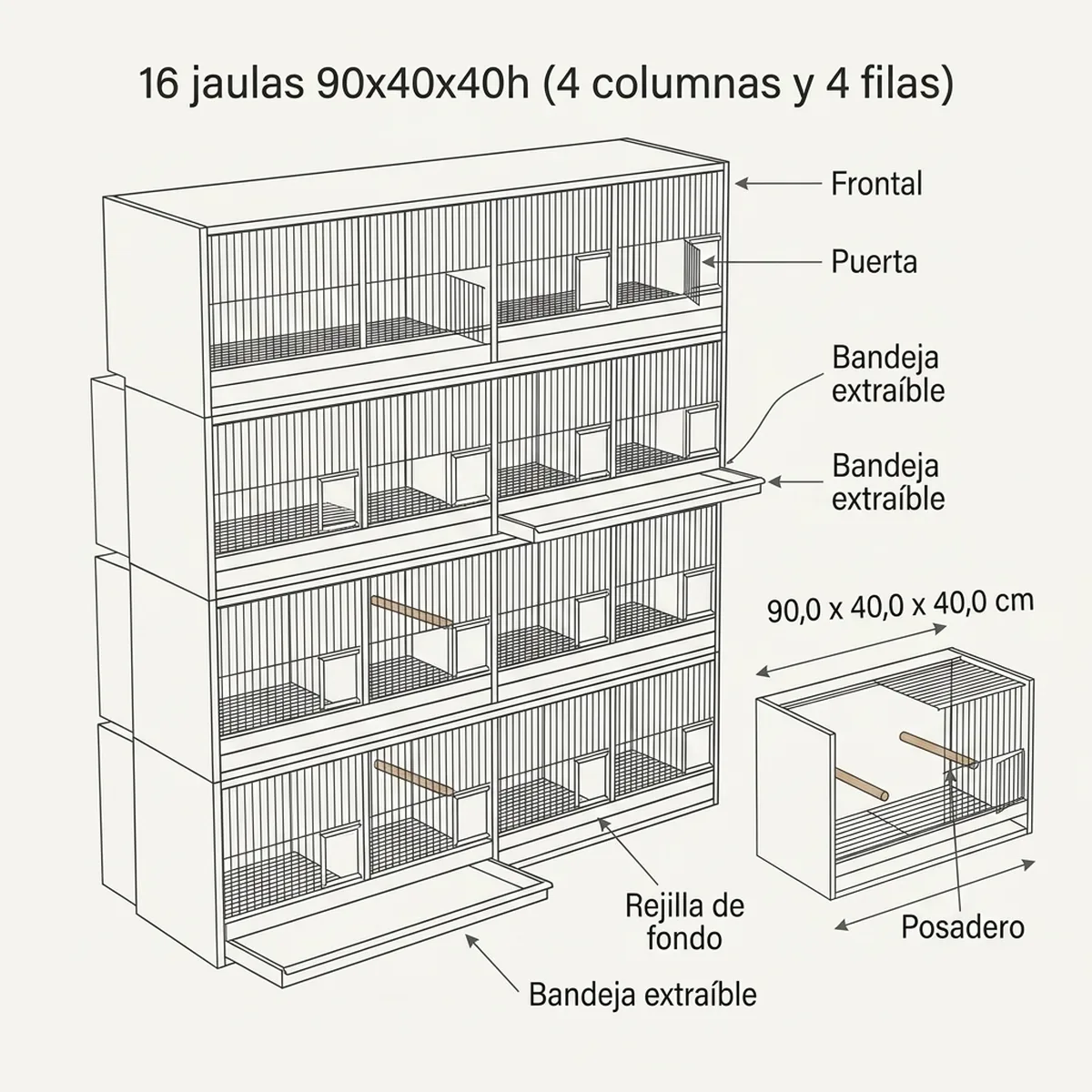 Esquema de una batería de 16 jaulas de 90x40x40 cm repartidas en cuatro columnas y cuatro filas