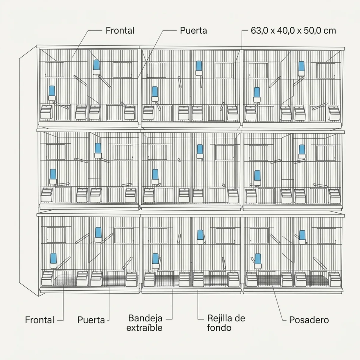 18 jaulas 63x40x50h (6 columnas y 3 filas) — piezas y montaje