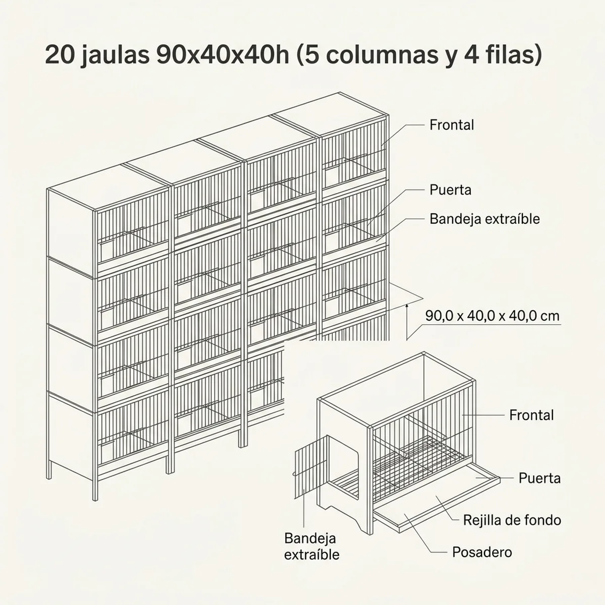 20  jaulas 90x40x40h (5 columnas y 4 filas)