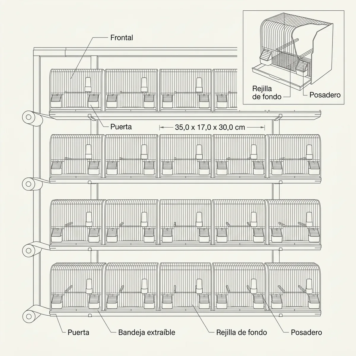 24 jaulas 35x17x30h (6 columnas y 4 filas) — piezas y montaje