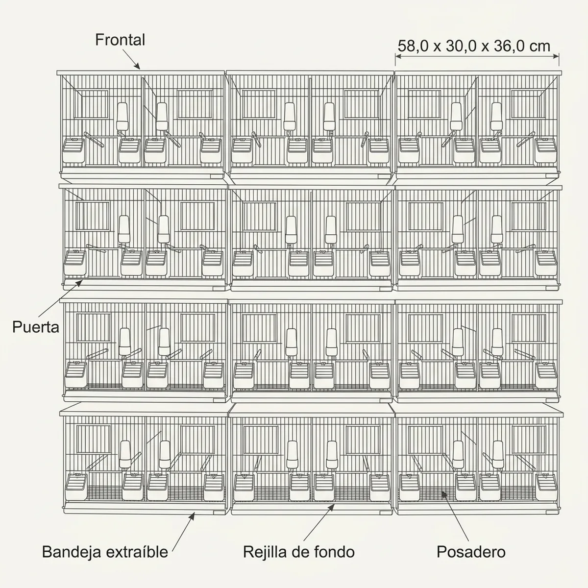 24 jaulas 58x30x36h  (6 columnas y 4 filas) — piezas y montaje