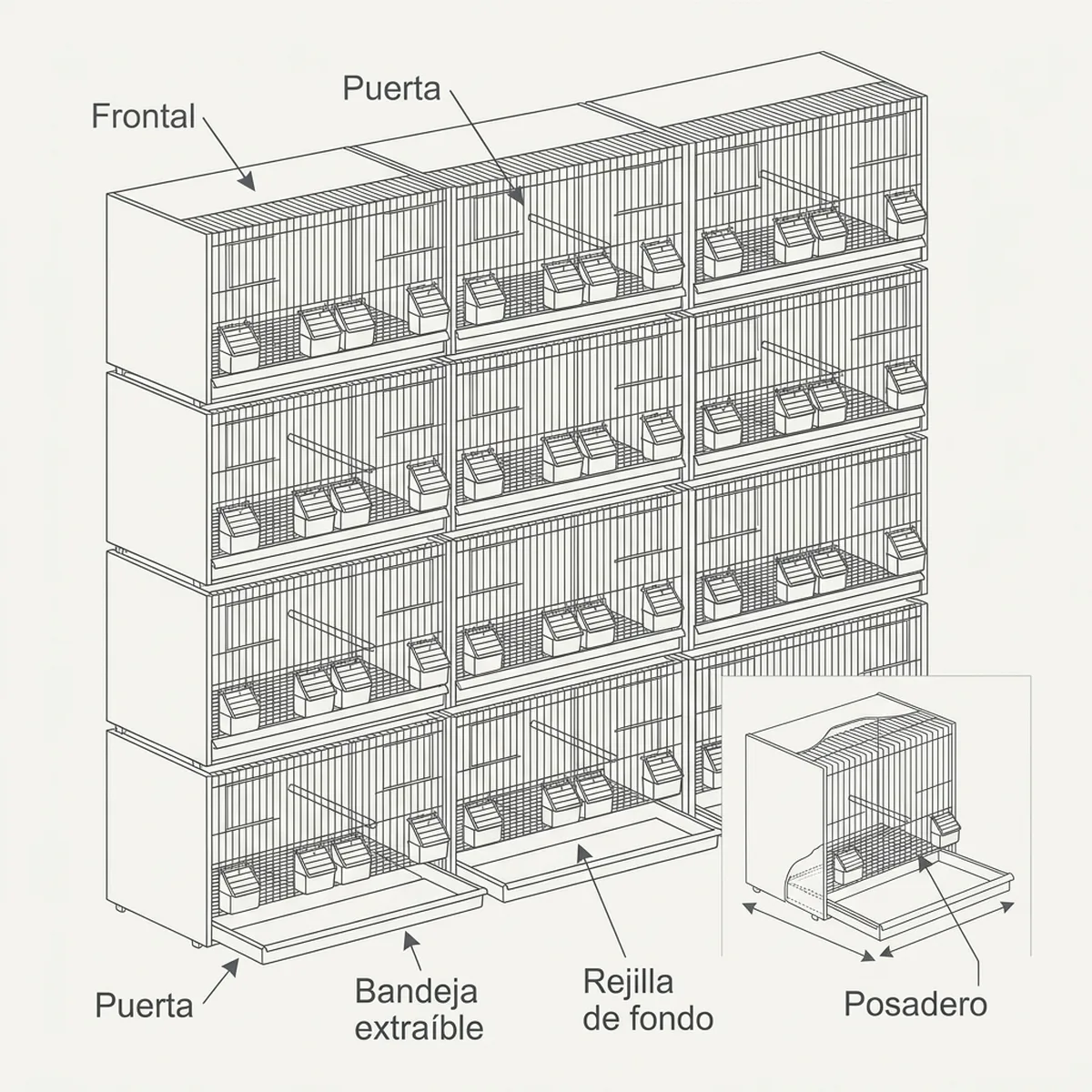 24 jaulas 64x30x34h  (6 columnas y 4 filas) — piezas y montaje