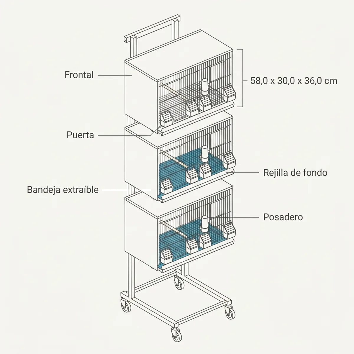 3 jaulas 58x30x36h + Carro — piezas y montaje