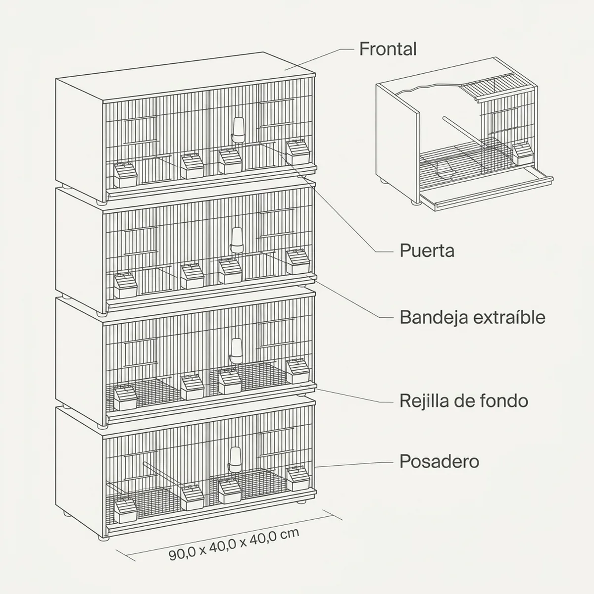 4 jaulas 90x40x40h (1 columnas y 4 filas)  New Canariz — piezas y montaje