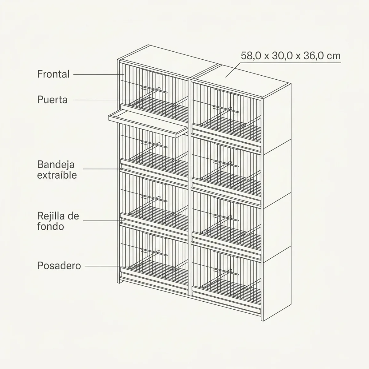 8 jaulas 58x30x36h  (2 columnas y 4 filas) — piezas y montaje