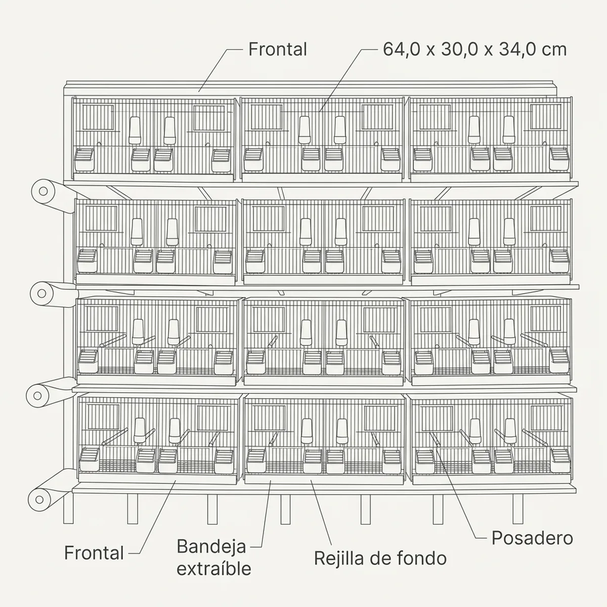 8 jaulas 64x30x34h  (2 columnas y 4 filas) — piezas y montaje