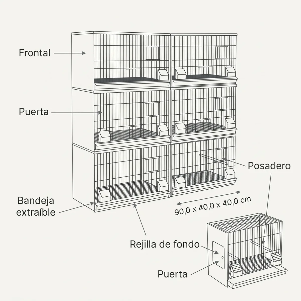 8 jaulas 90x40x40h 2 columnas y 4 filas New Canariz — piezas y montaje