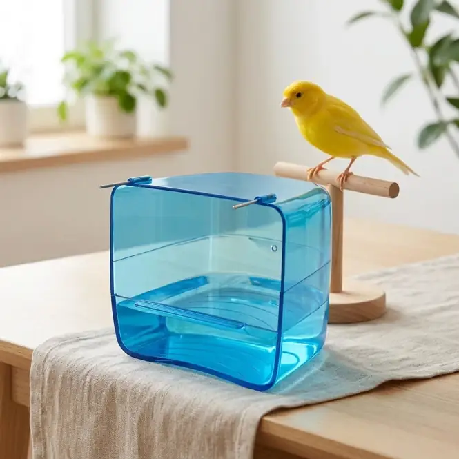 Bañera Sahara Azul Transparente STA en una escena de cuidados con canario doméstico amarillo
