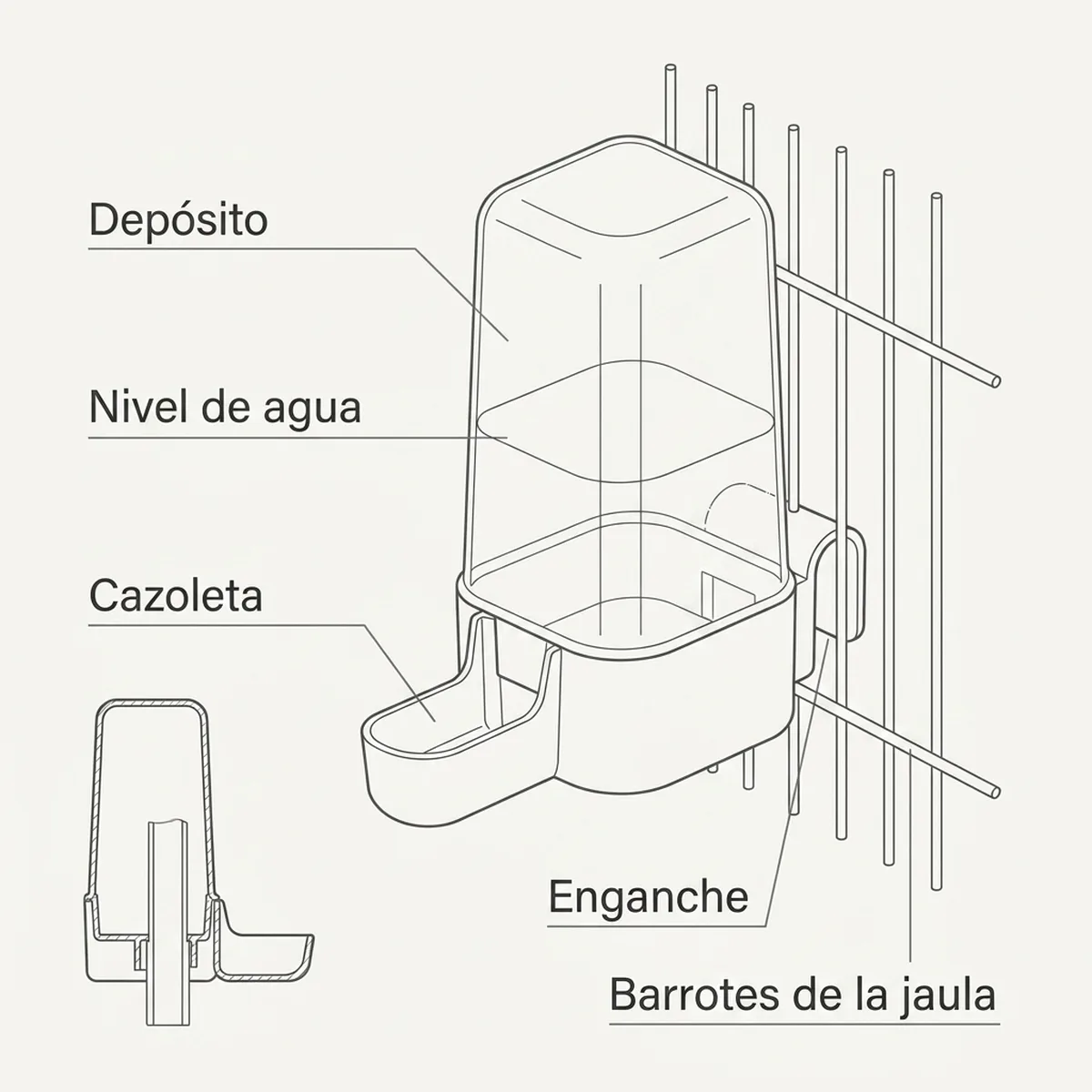 Esquema acotado de un bebedero de tubo corto transparente de 72 cc con su cazoleta inferior