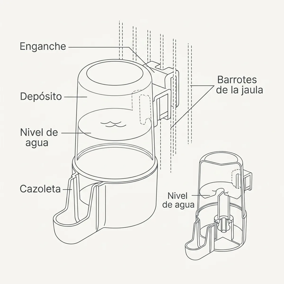 Bebedero de tubo corto de 40 cc pensado para medicación y vitaminas, con sus medidas