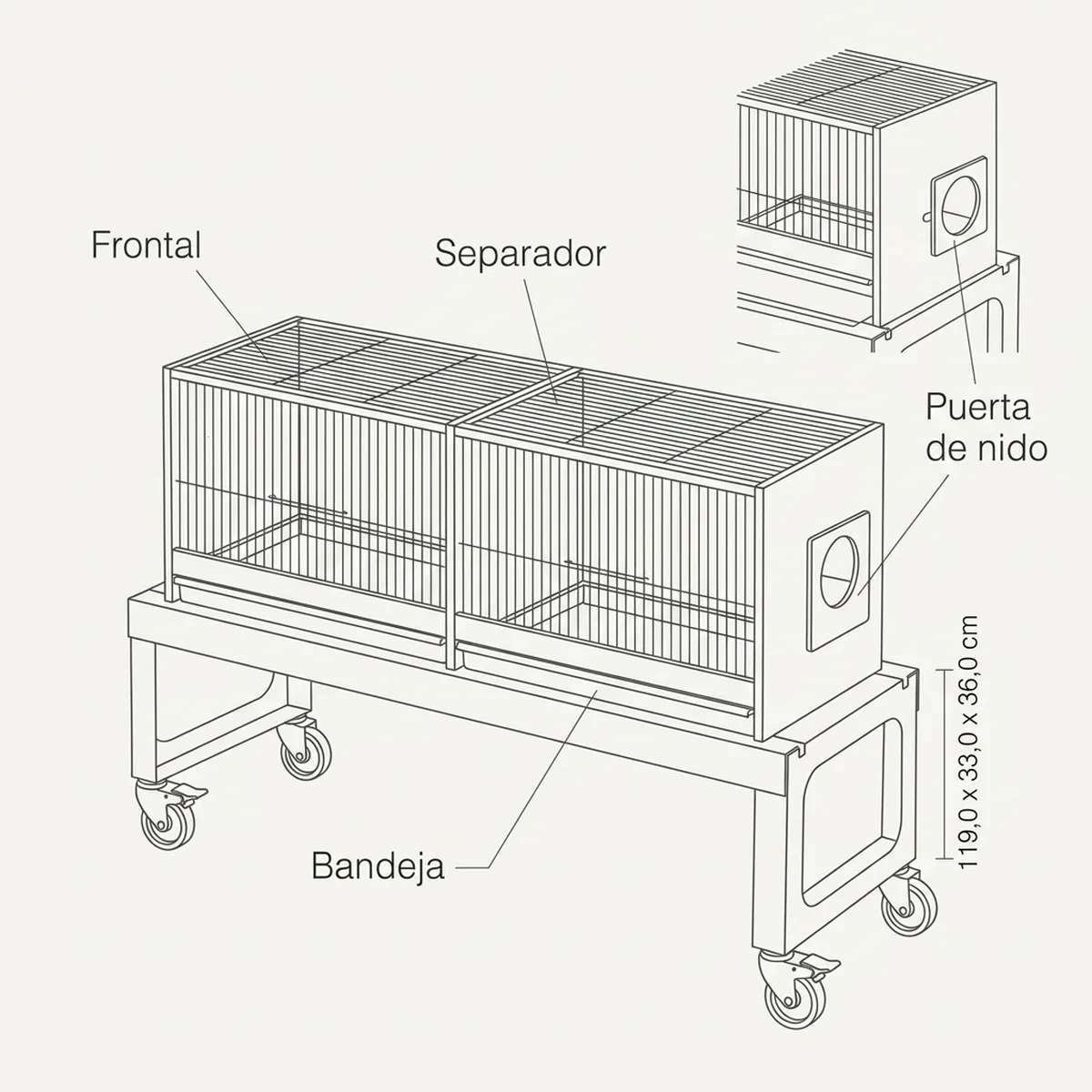 Carro para 2 Jaulas de Cría 58 cm 2GR — piezas y montaje