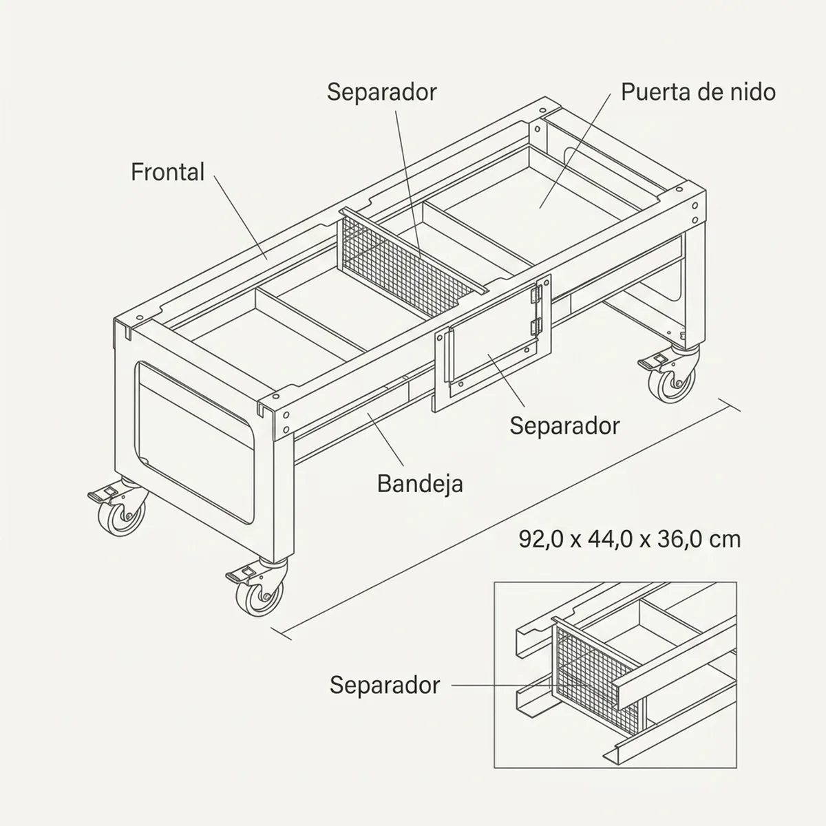Carro para jaulas de 2gr cría 90cm — piezas y montaje