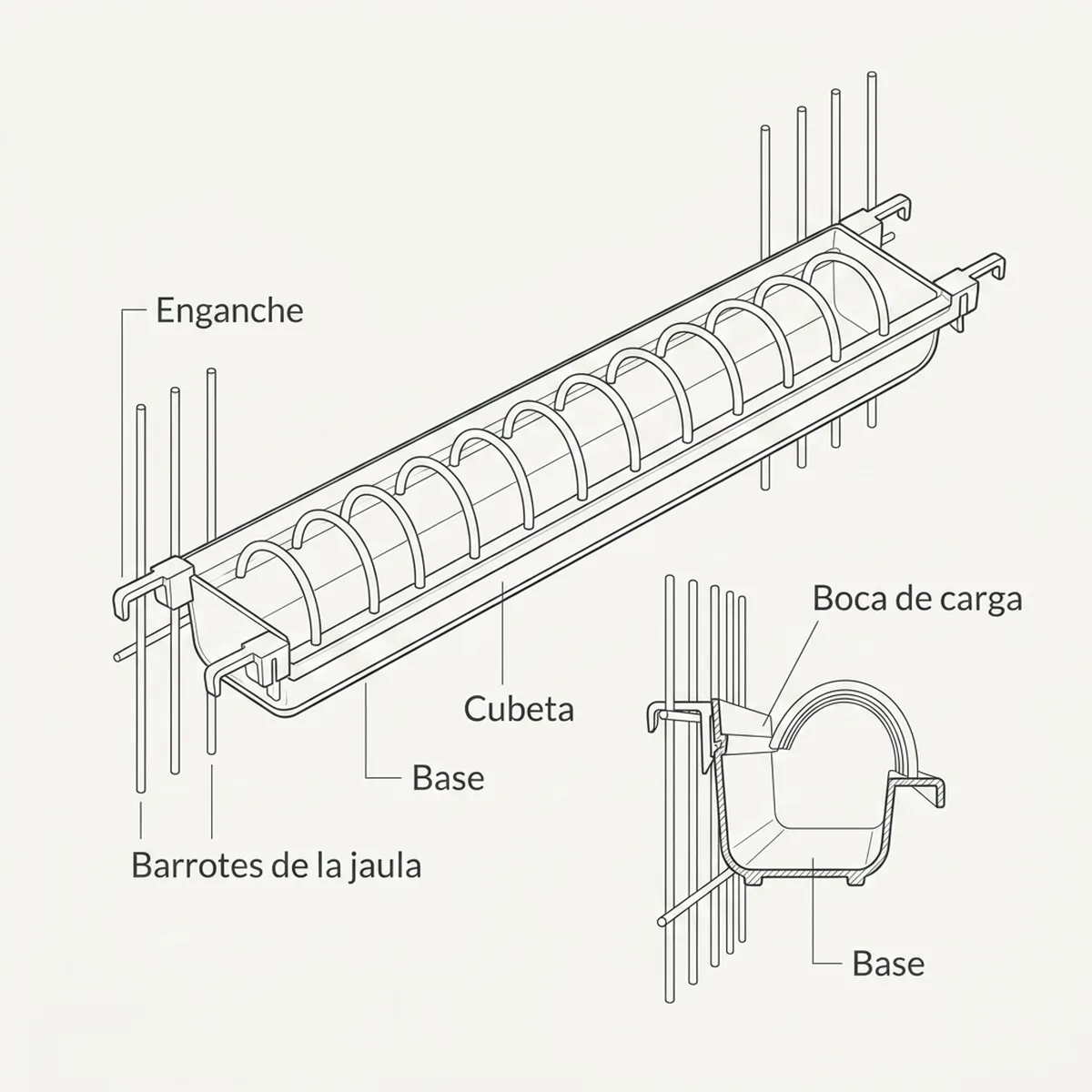 Comedero corrido de 50 cm con las medidas señaladas, pensado para varios ejemplares a la vez
