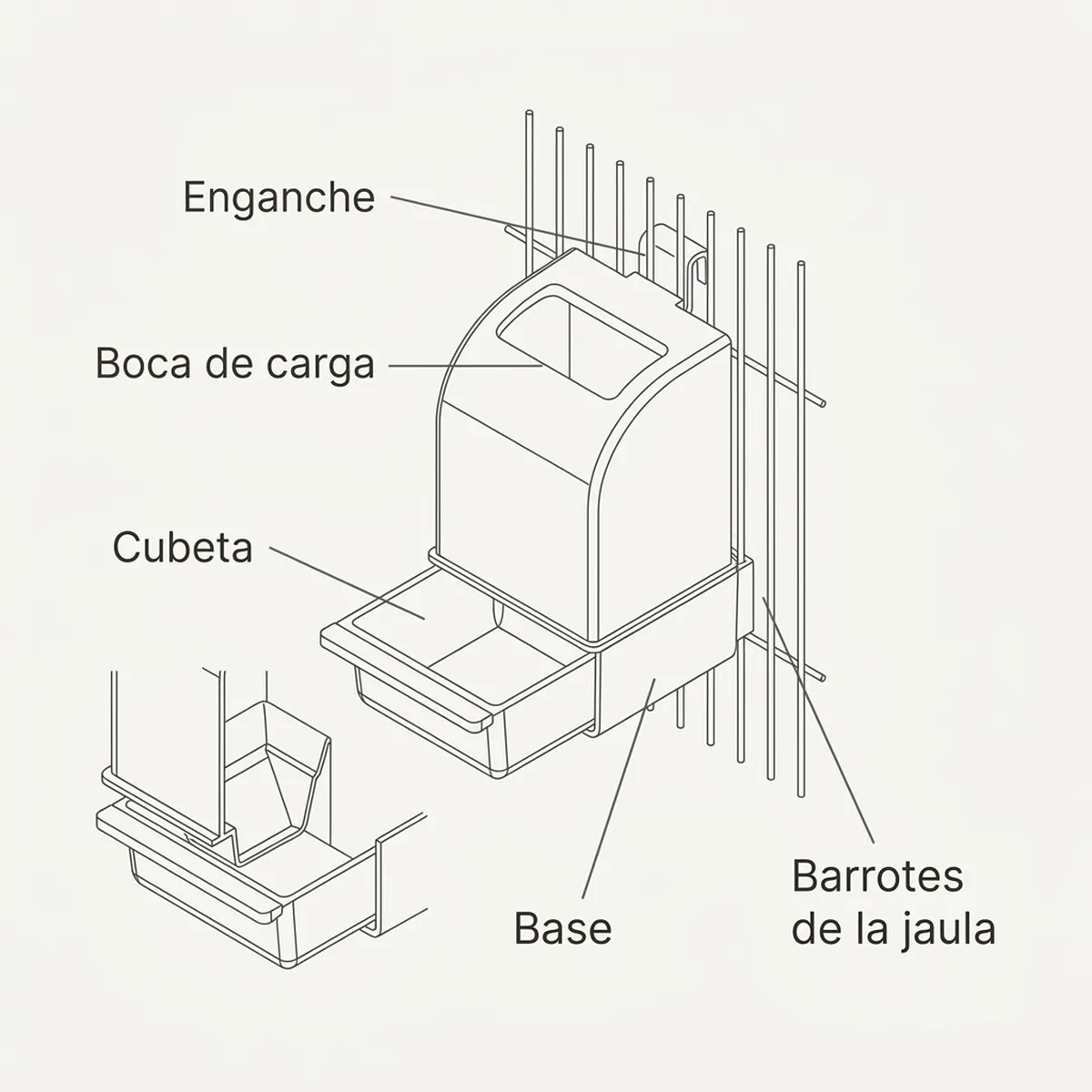 Comedero con cajón extraíble Español Azul — piezas y montaje