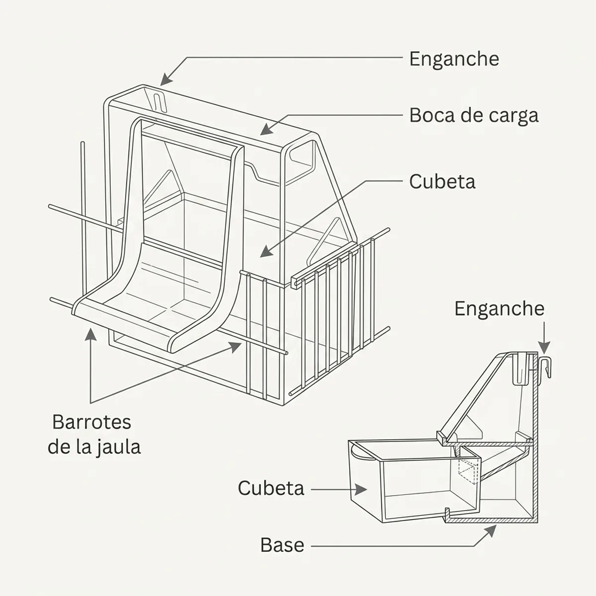 Comedero con cajón extraíble Transparente – Idia — piezas y montaje