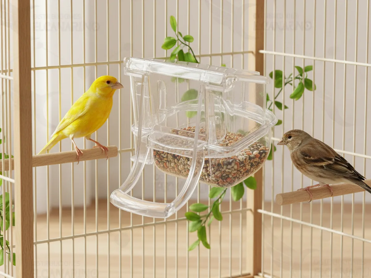 Comedero transparente con cajón extraíble enganchado a los barrotes, con dos pájaros comiendo la mezcla