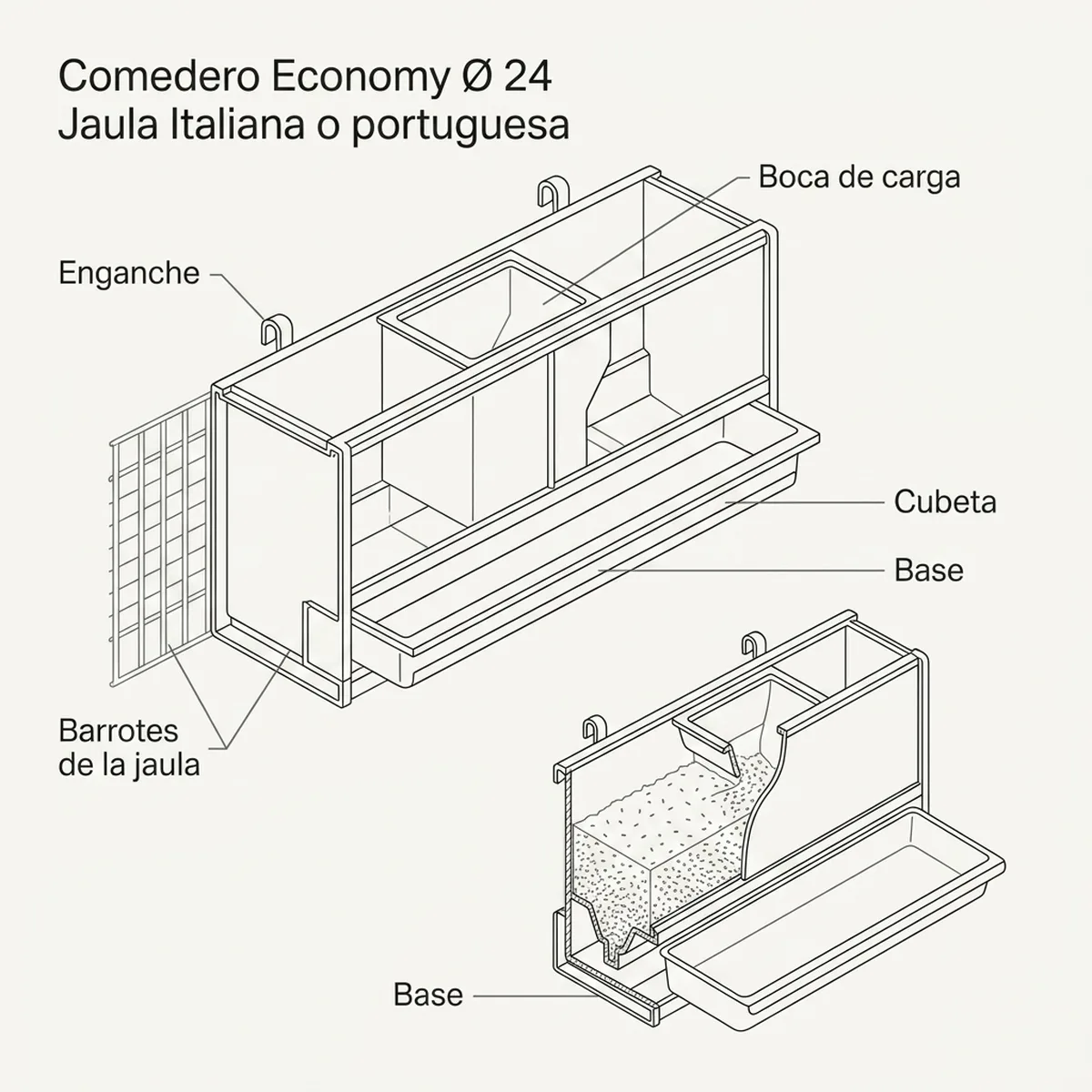 Comedero Economy Ø 24 Jaula Italiana o portuguesa — piezas y montaje