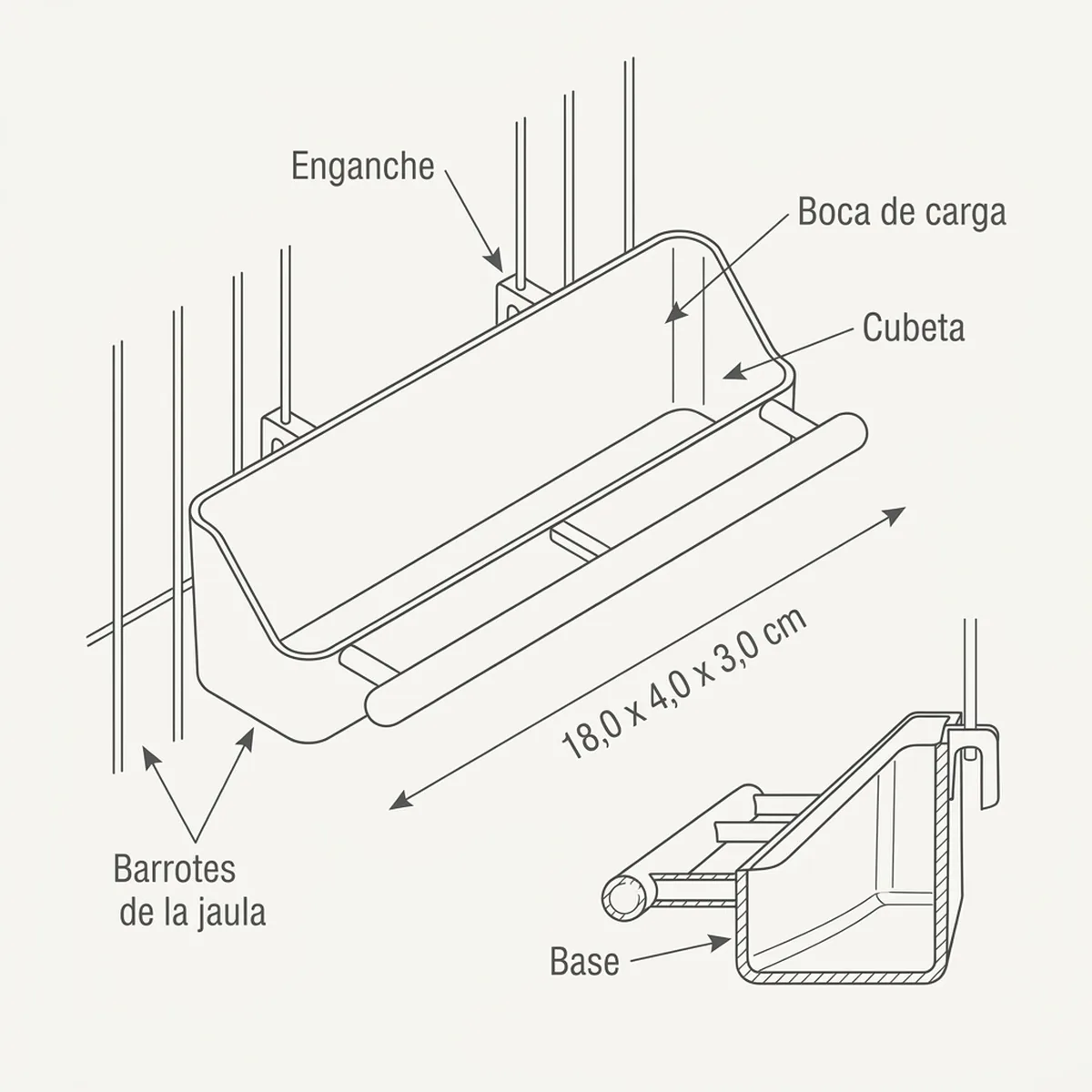 comedero gancho plástico — piezas y montaje