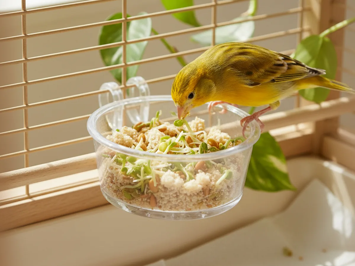 Canario comiendo germinados en un comedero redondo microperforado que escurre el agua
