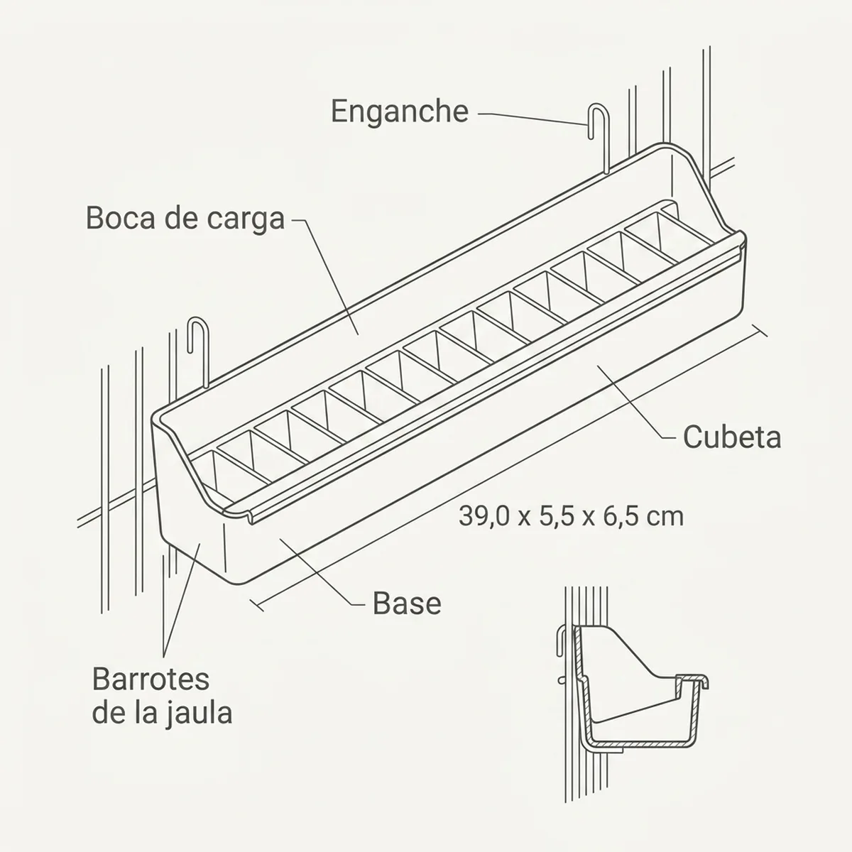 Comedero Largo Blanco para voladera con alambre — piezas y montaje