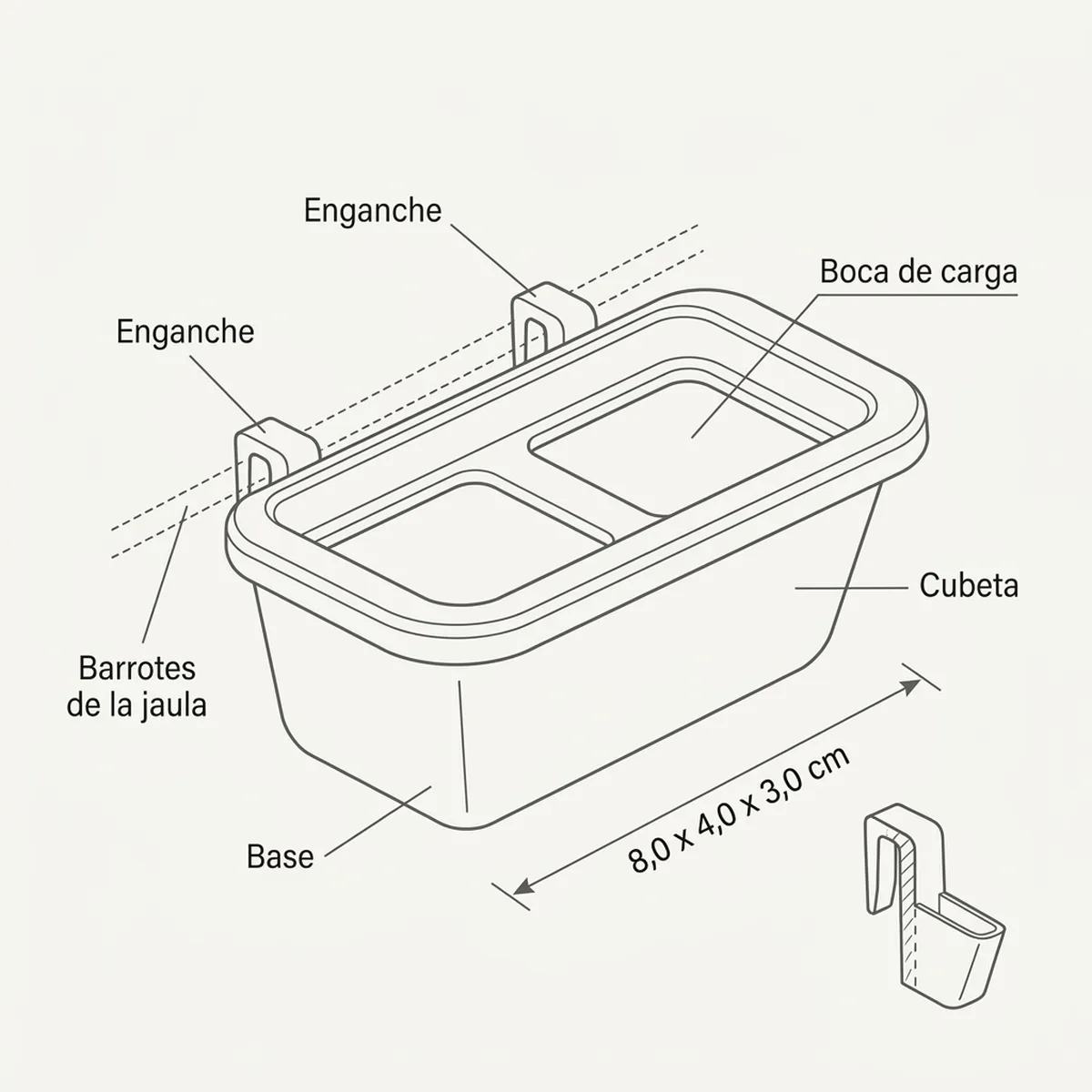 Comedero pequeño con ganchos plastico y rejilla — piezas y montaje
