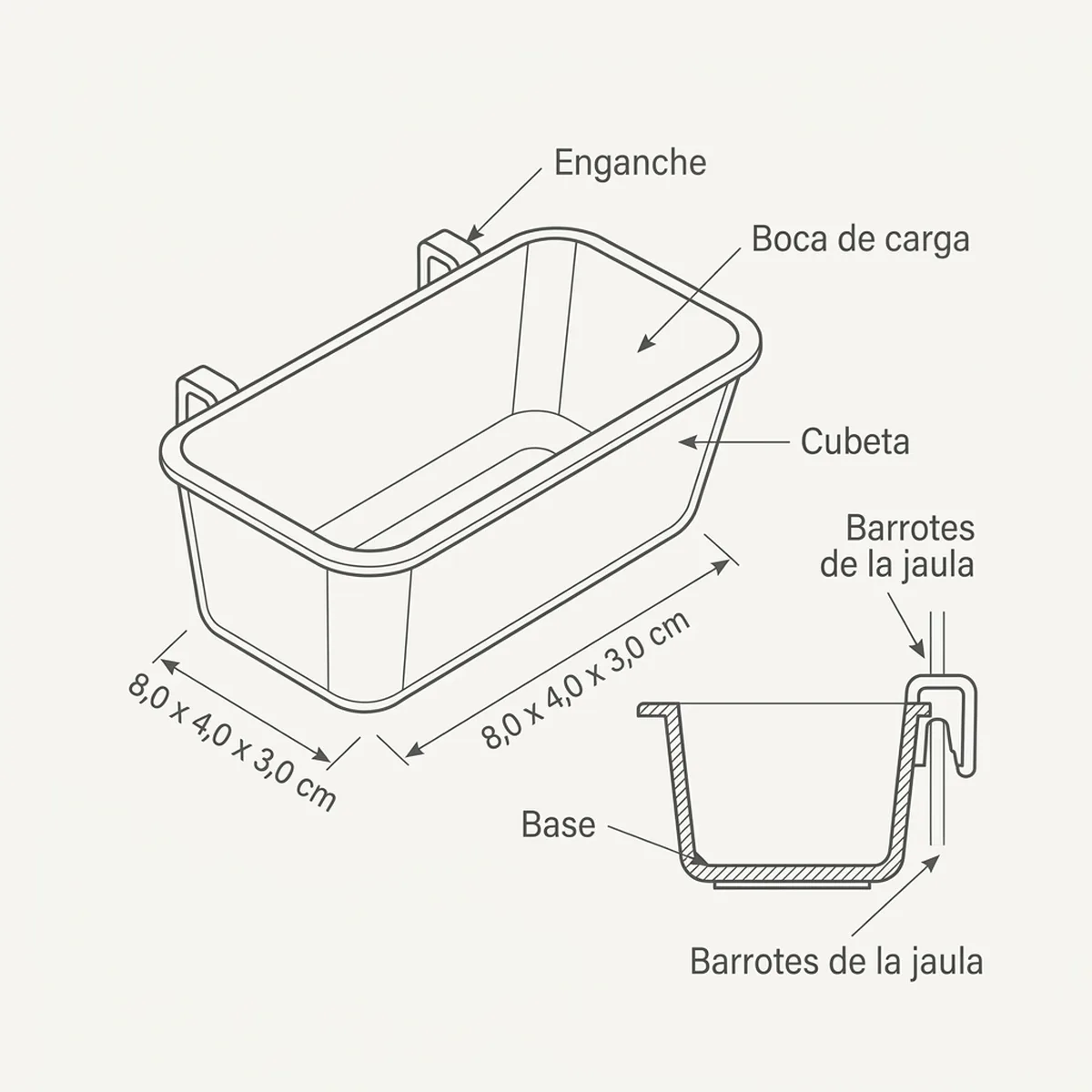 Comedero pequeño con ganchos plástico — piezas y montaje