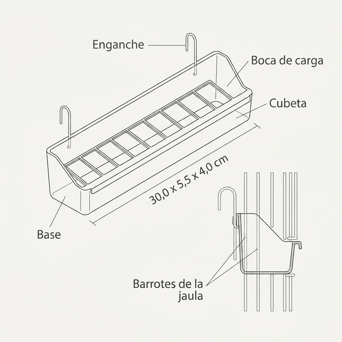 Comedero Reggio gancho alambre cm 30 x 5.5 x 4h — piezas y montaje