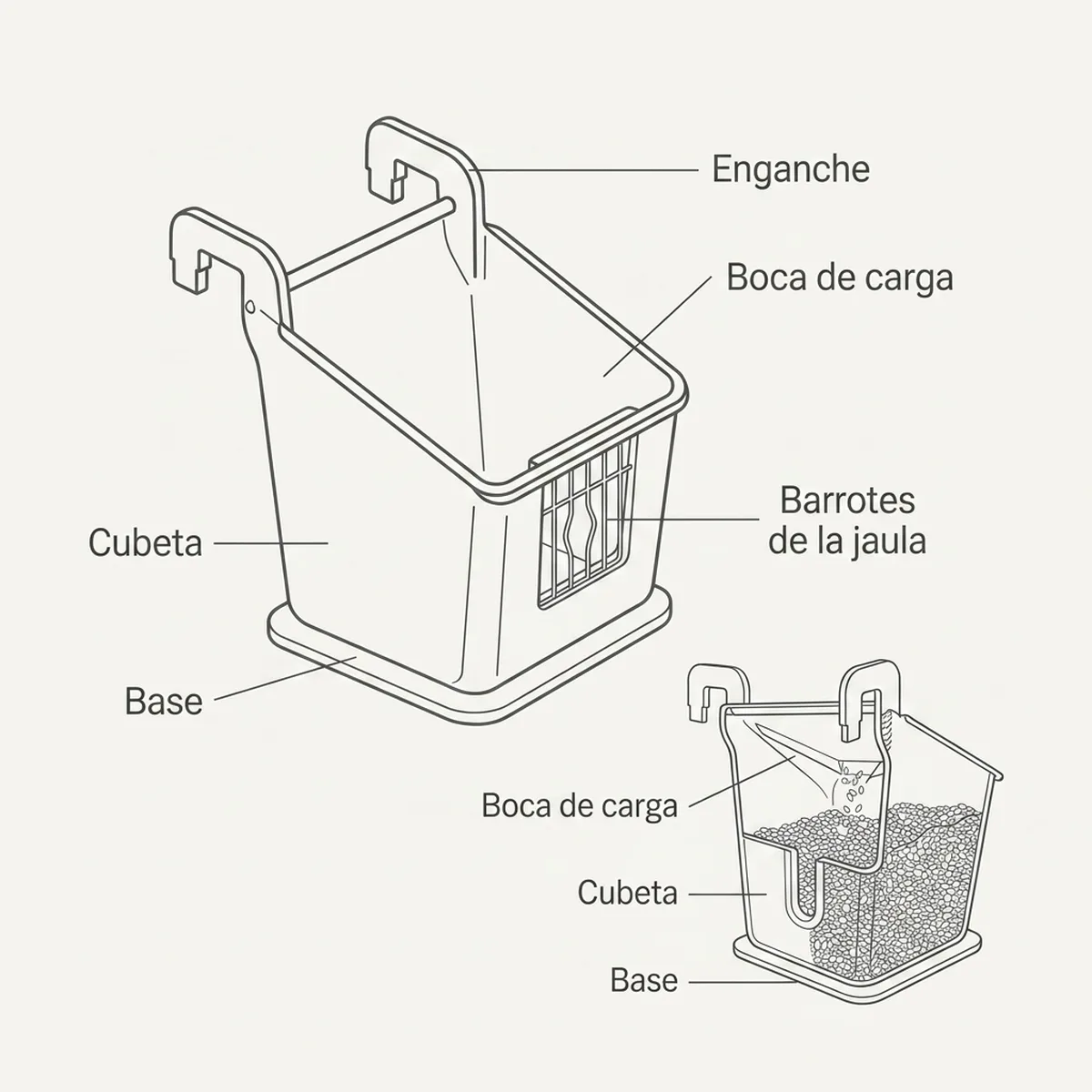 Comedero con tapa azul diseñado para el orificio del frontal de las jaulas Pedrós