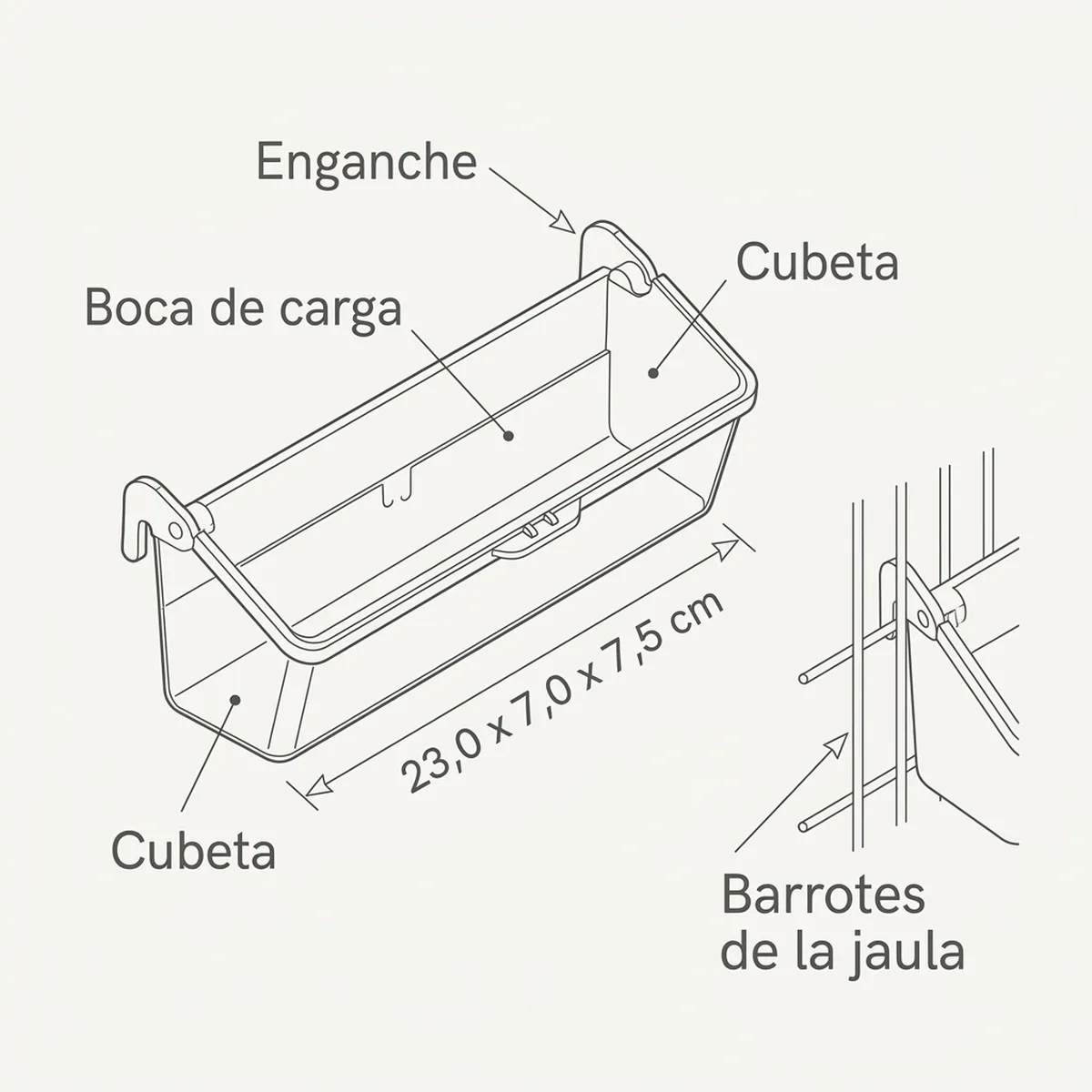Comedero Toledo cm 23 x 7 x 7.5h — piezas y montaje