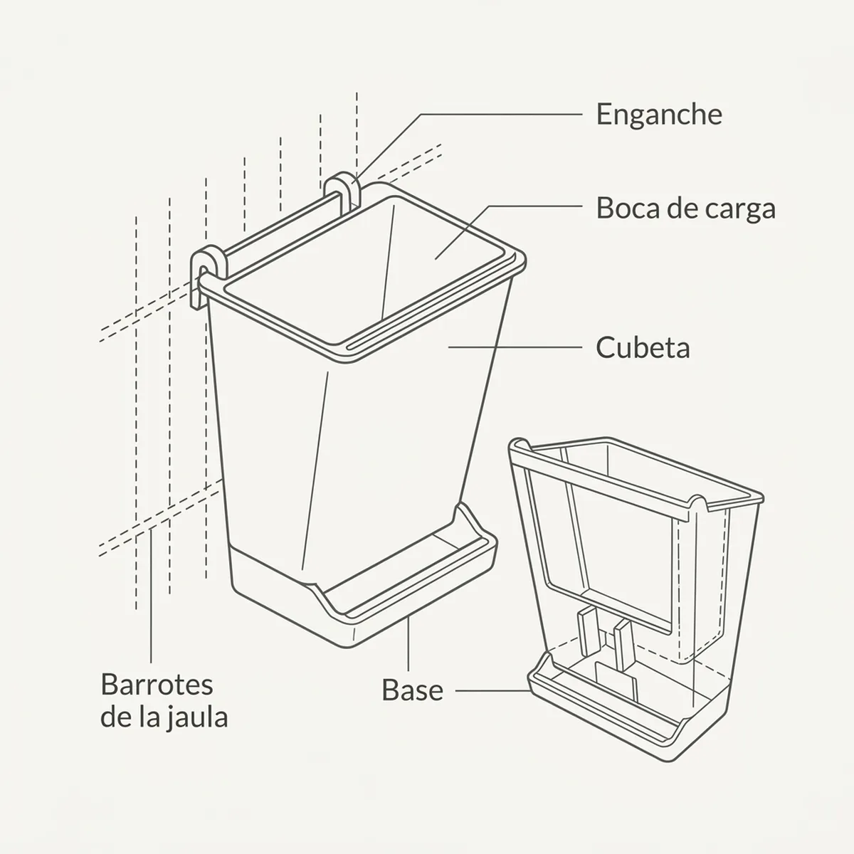 Esquema de un comedero tolva con sus medidas y el hueco de salida del grano
