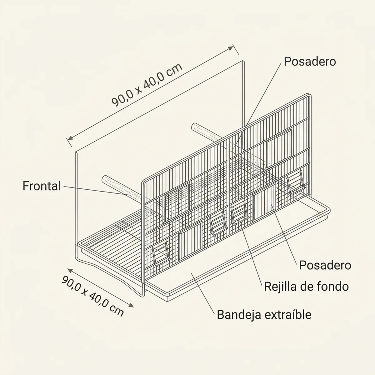 Ficha técnica de un frontal de 90 x 40 cm con la disposición y el paso entre alambres
