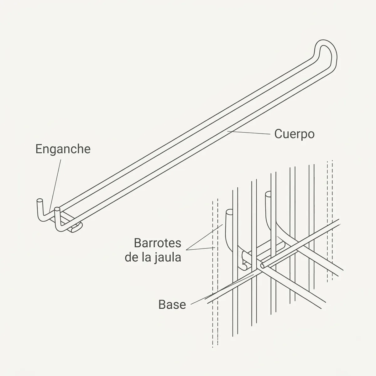 Gancho de 35 cm para sujetar el rollo continuo de papel o la bandeja bajo la jaula