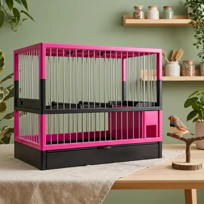 Jaula C-2 Rosa/Negro con Rejilla + Bandeja en una escena de cuidados con diamante mandarín