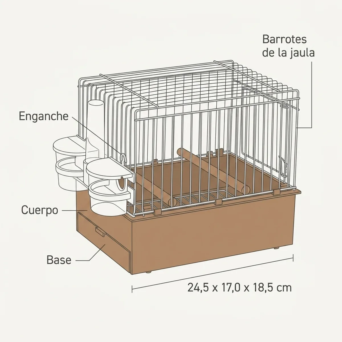 Jaula de madera para aves de canto destinada a exposiciones, con puerta frontal y comedero