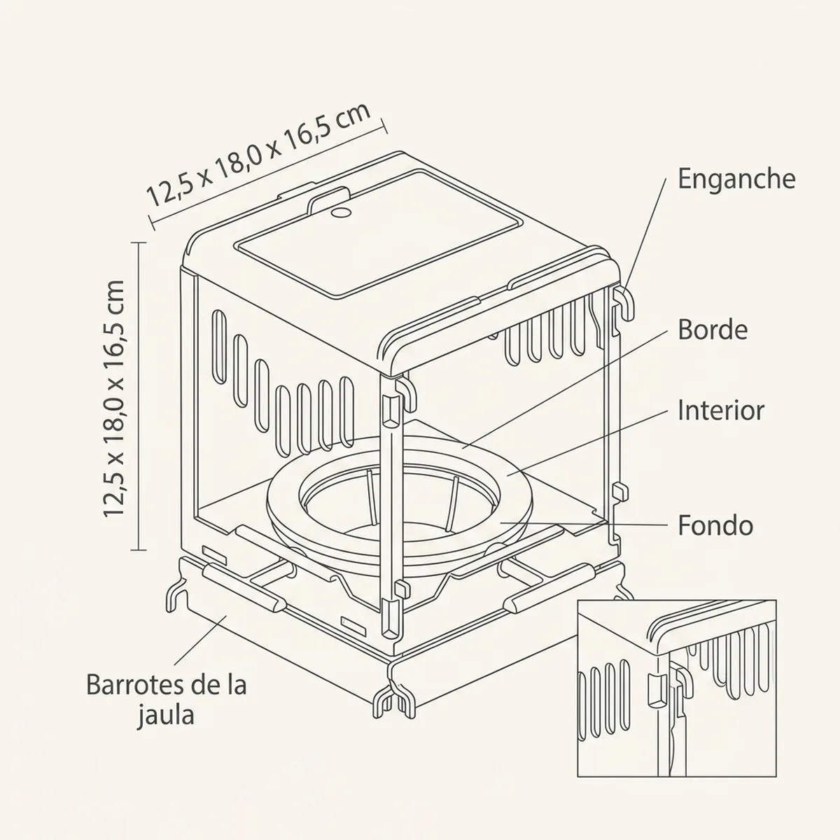 Nido para Spinus y raza Pequeña  Ø 8 — piezas y montaje
