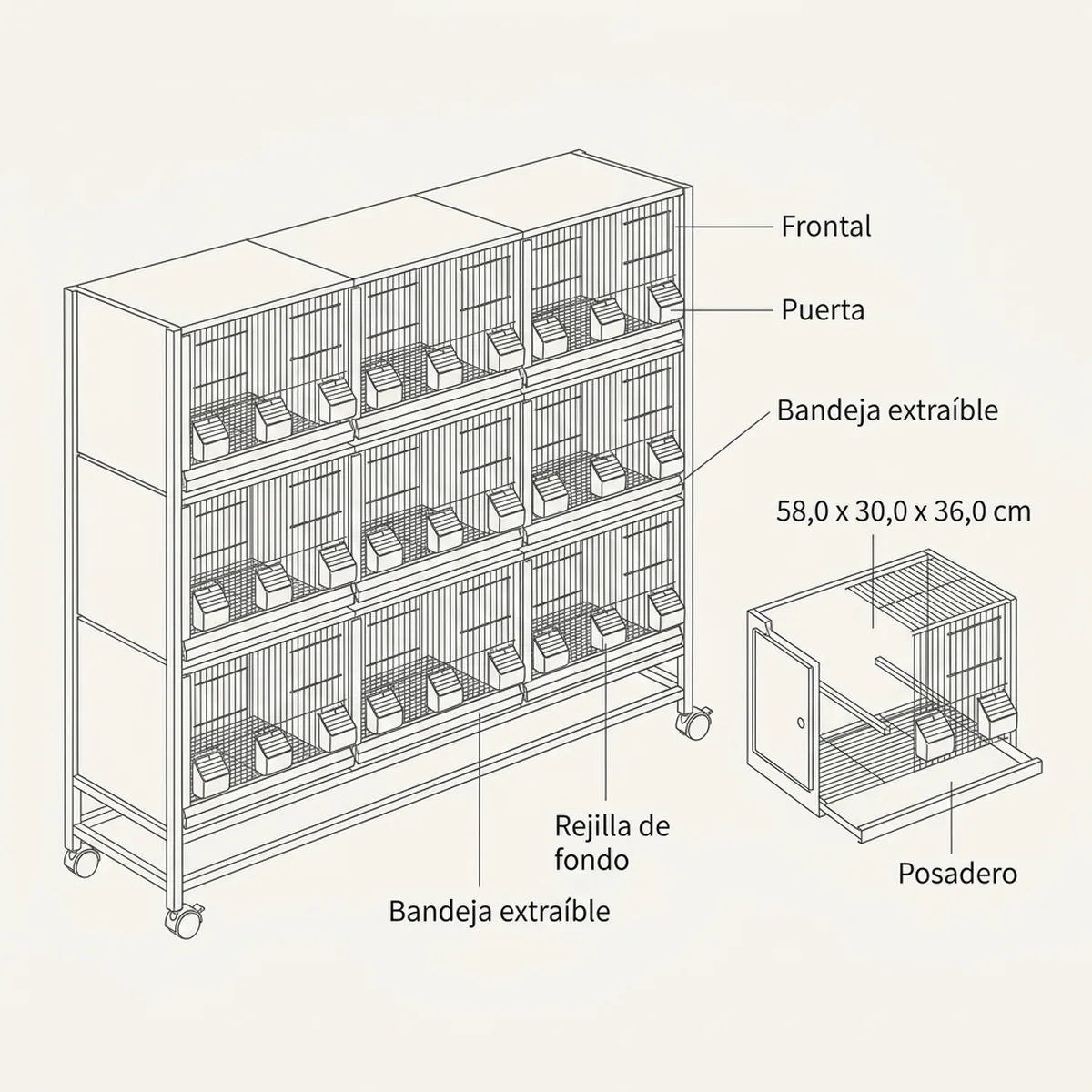 Batería modular de quince jaulas de 58 cm dispuesta en cinco columnas sobre carro con ruedas